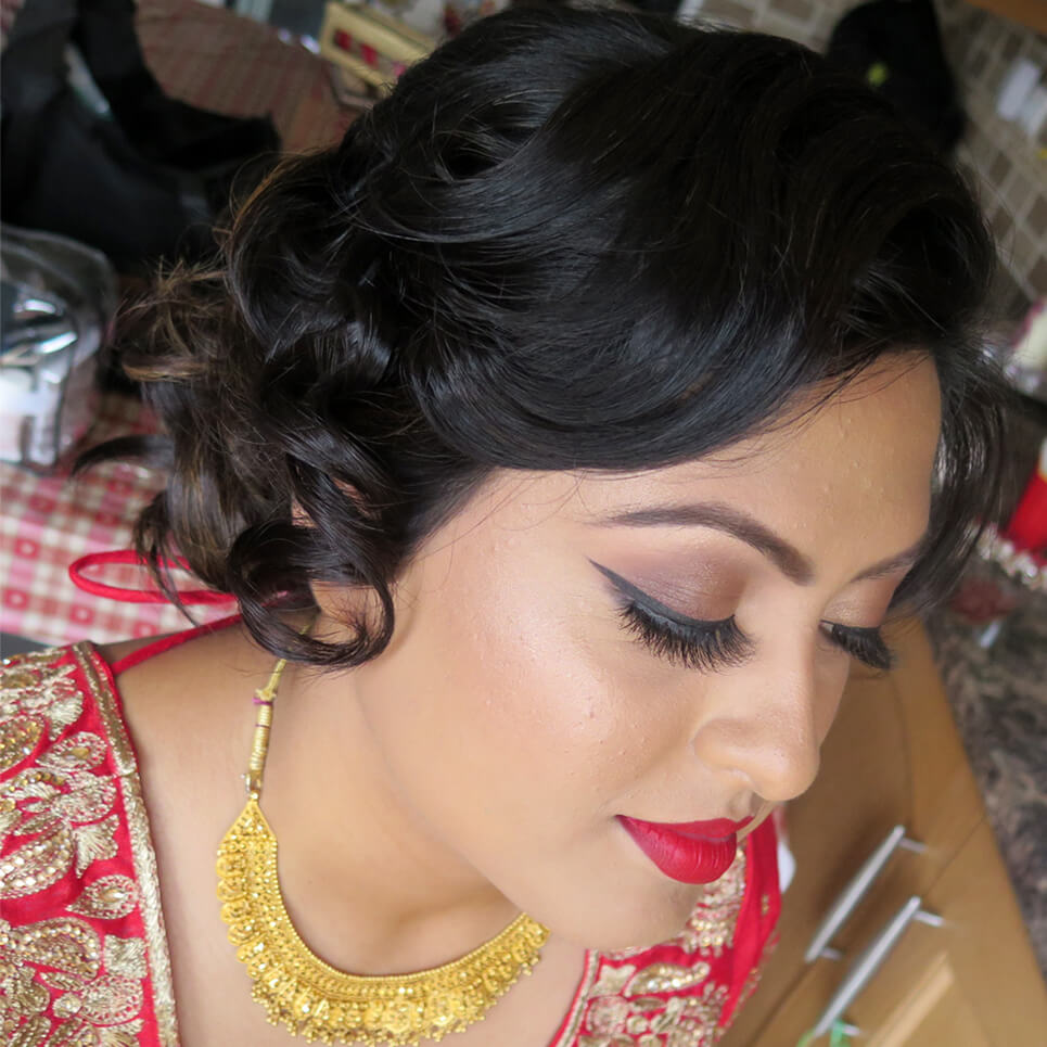 soft glam with a bold red lip, vintage updo